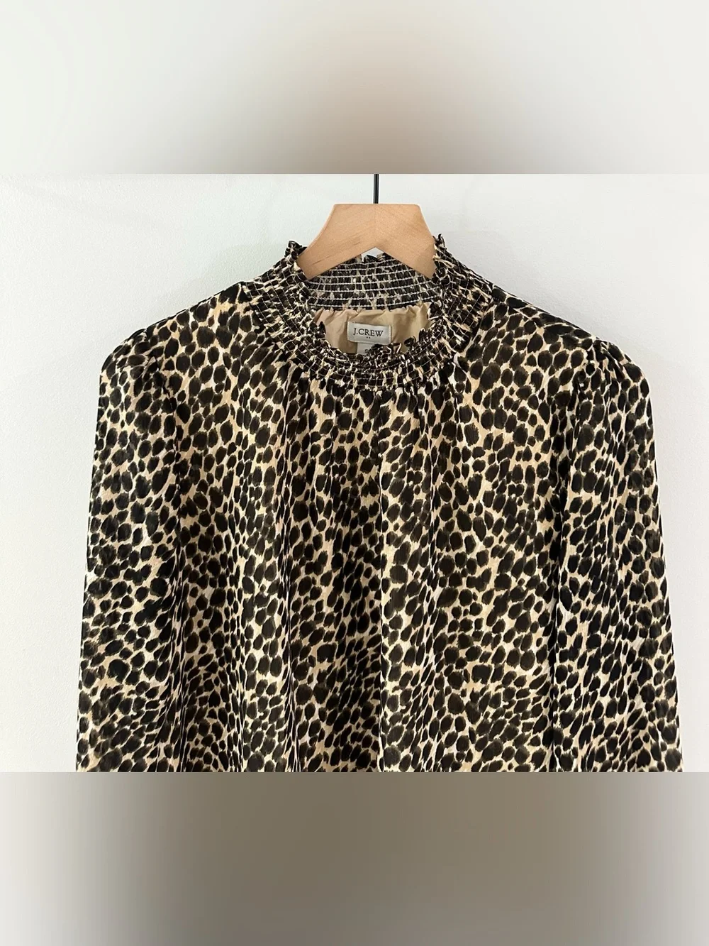 J. Crew Smocked Neck Leopard Print Blouse // Brown // Small